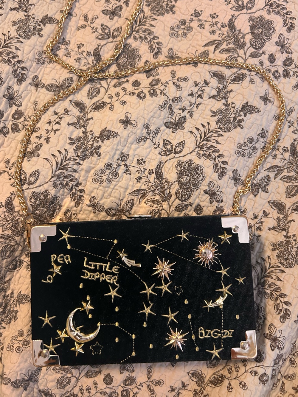 Constellation Embroidered Black Velvet Crossbody Clutch